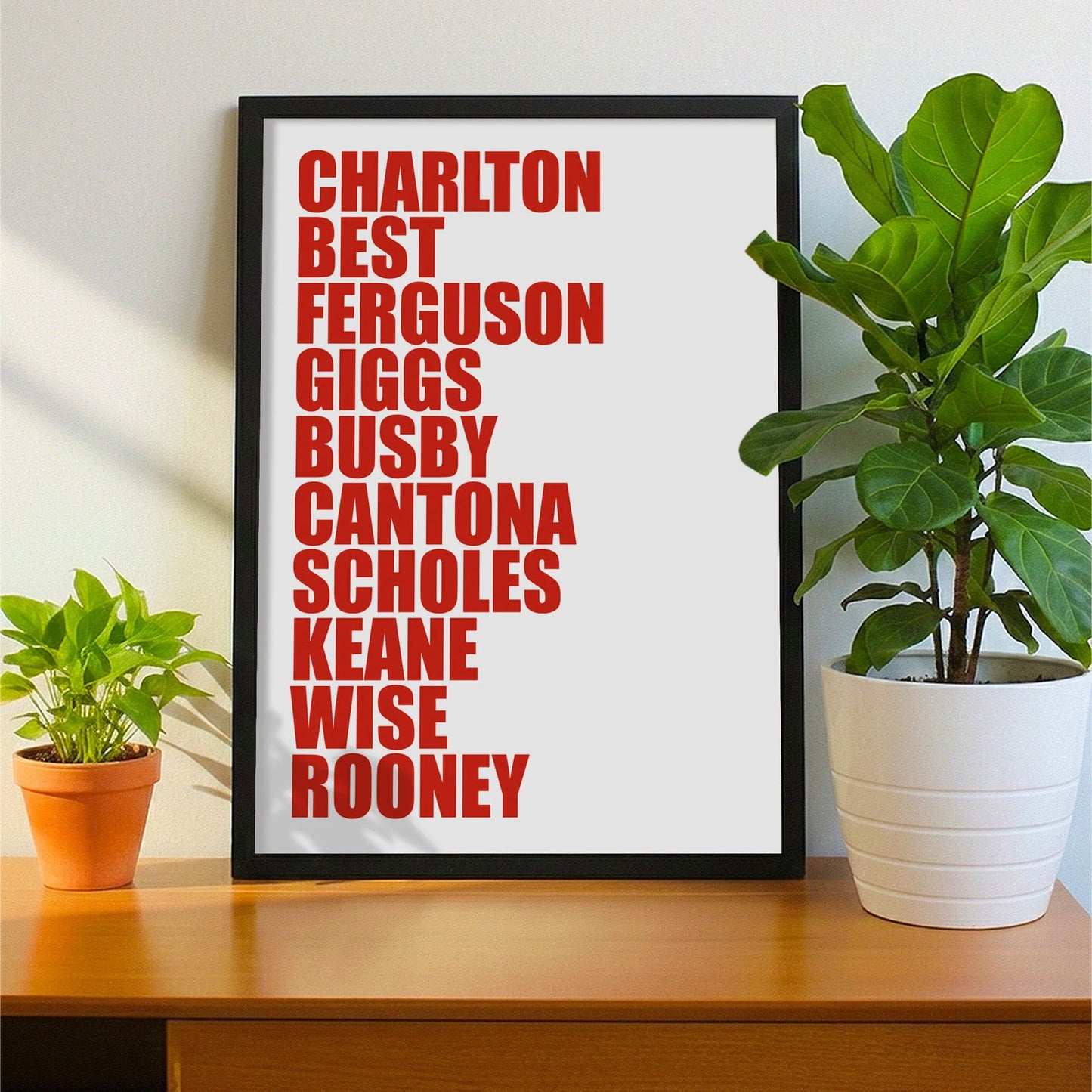 Framed print on sideboard beside a plant