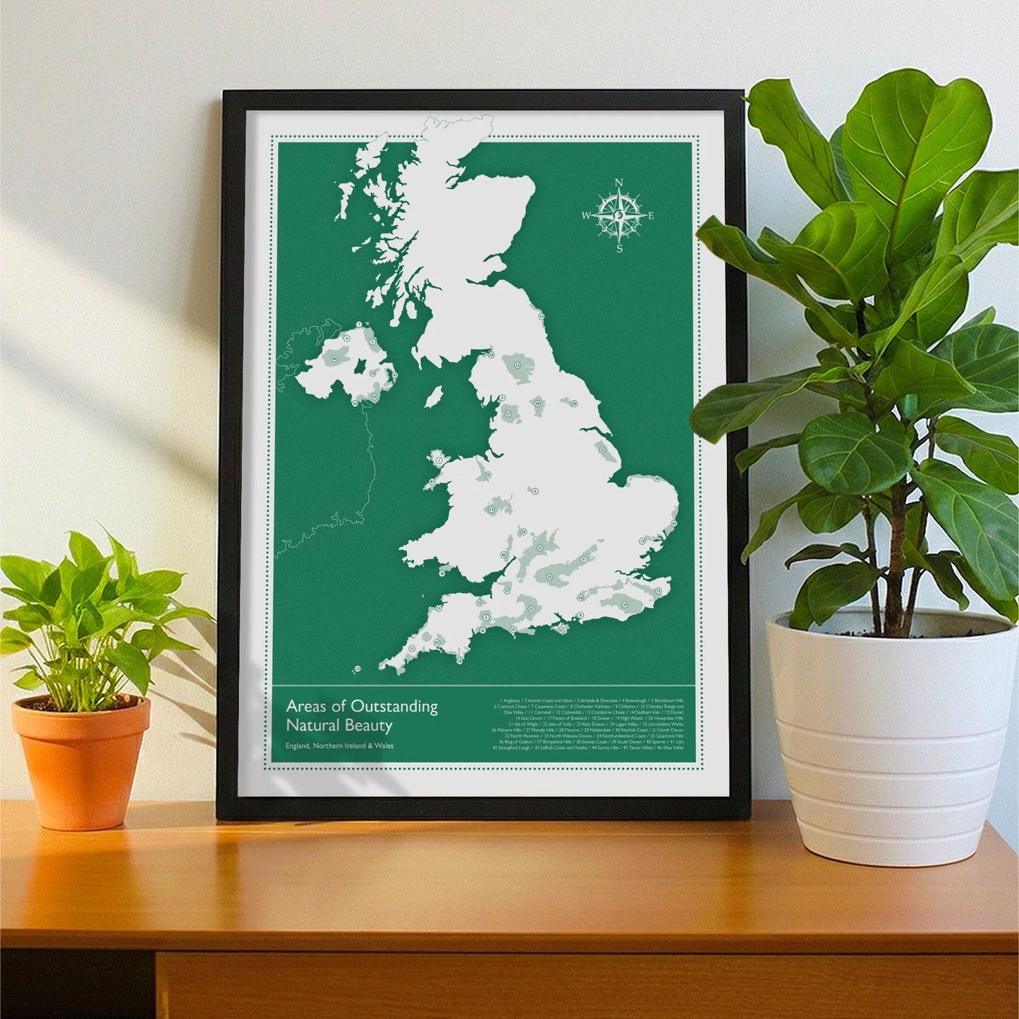 Framed print on sideboard beside a plant