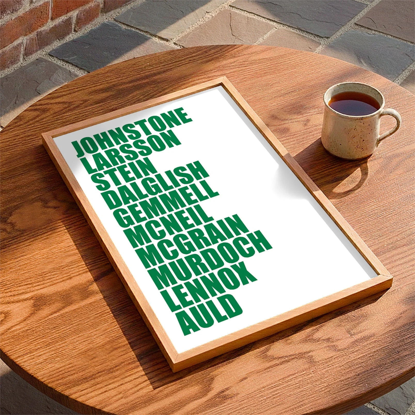 Framed print laying on a table beside a mug of tea