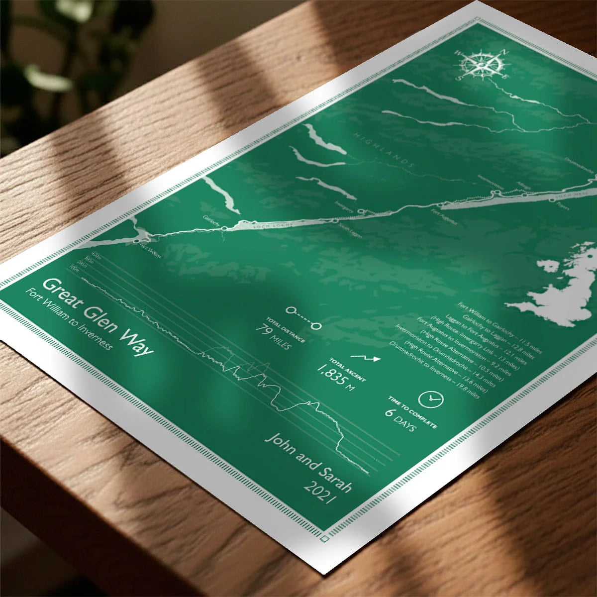Print laying on table with speckled shade cast across the surface