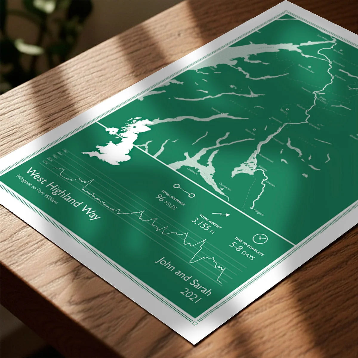 Print laying on table with speckled shade cast across the surface