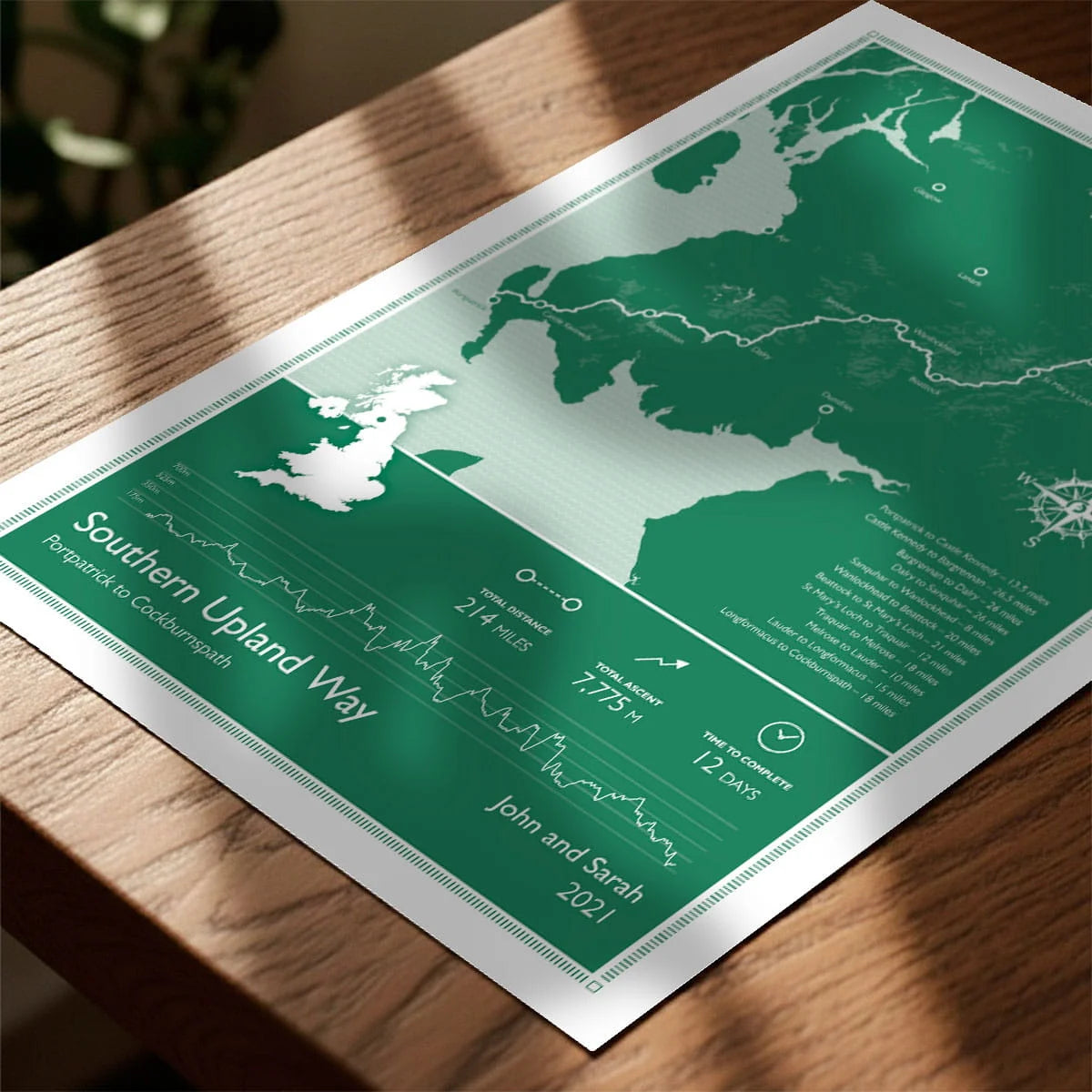 Print laying on table with speckled shade cast across the surface