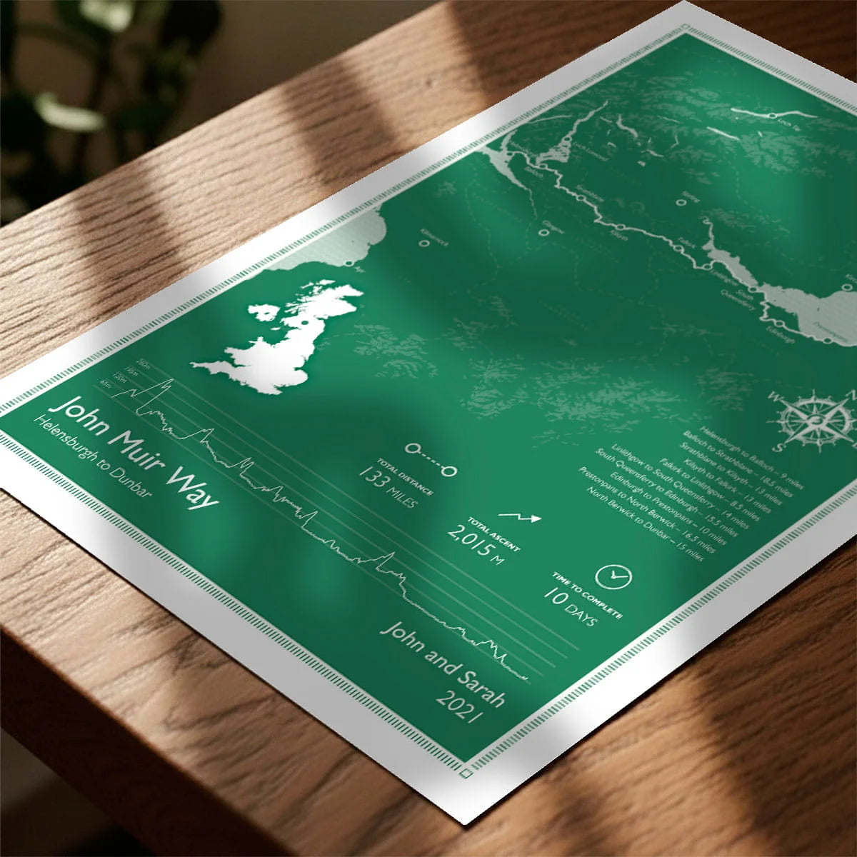 Print laying on table with speckled shade cast across the surface