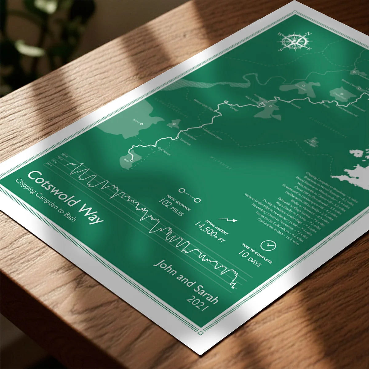 Print laying on table with speckled shade cast across the surface