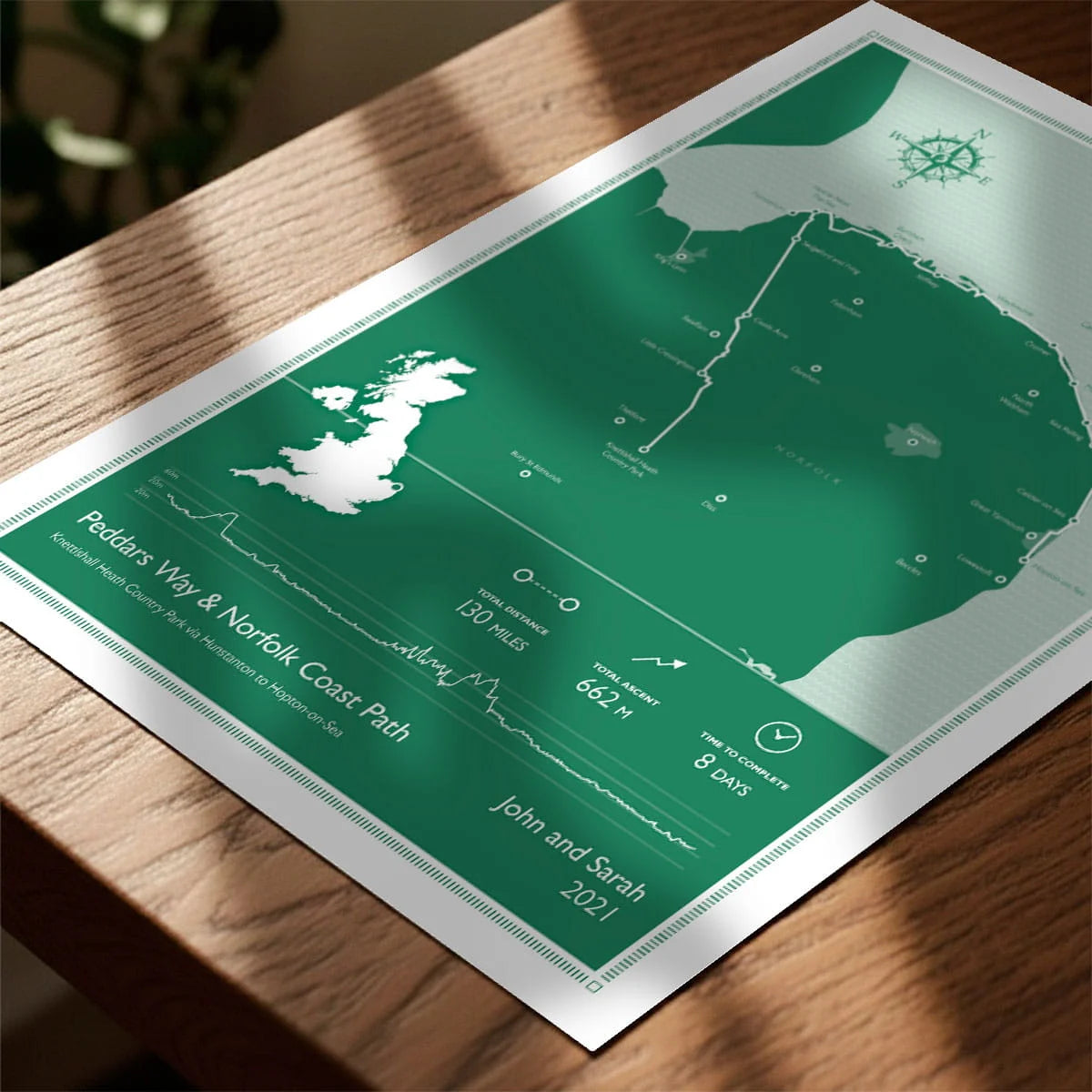 Print laying on table with speckled shade cast across the surface