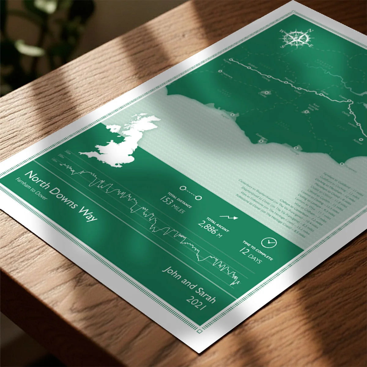 Print laying on table with speckled shade cast across the surface