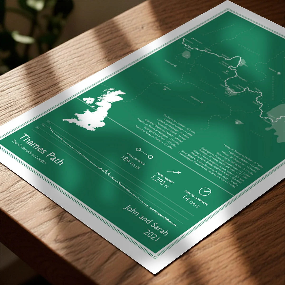 Print laying on table with speckled shade cast across the surface