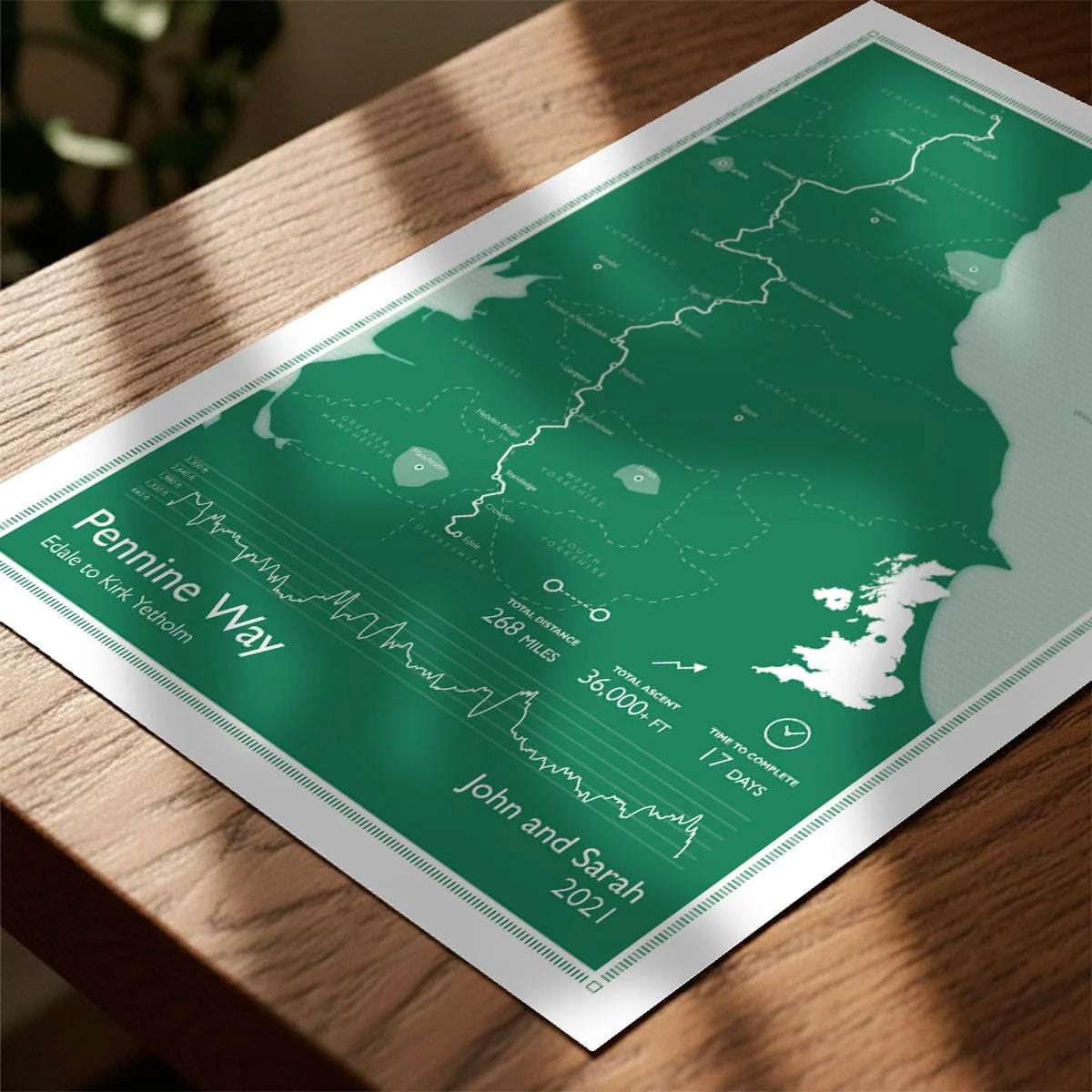 Print laying on table with speckled shade cast across the surface