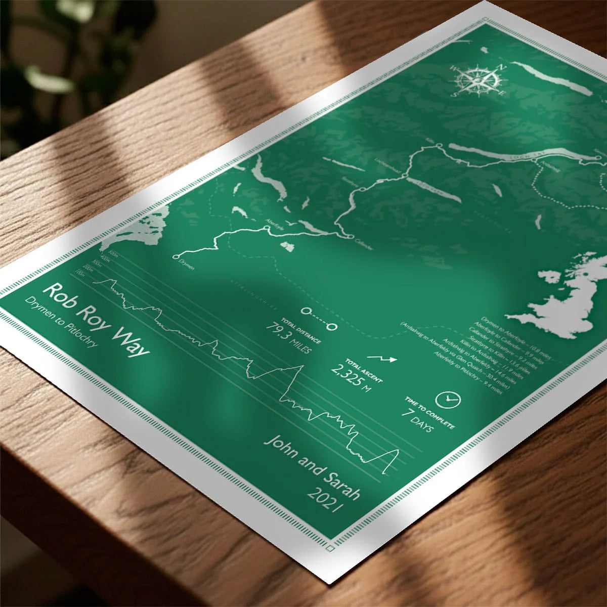 Print laying on table with speckled shade cast across the surface