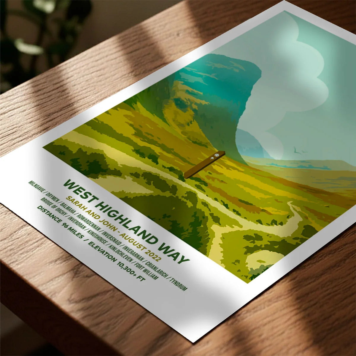 Print laying on table with speckled shade cast across the surface