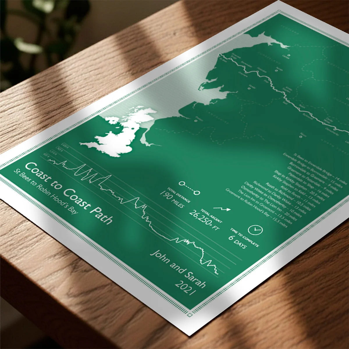 Print laying on table with speckled shade cast across the surface