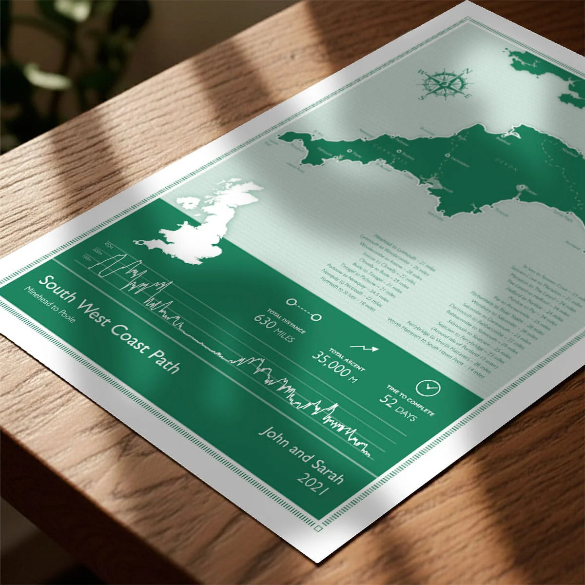 Print laying on table with speckled shade cast across the surface