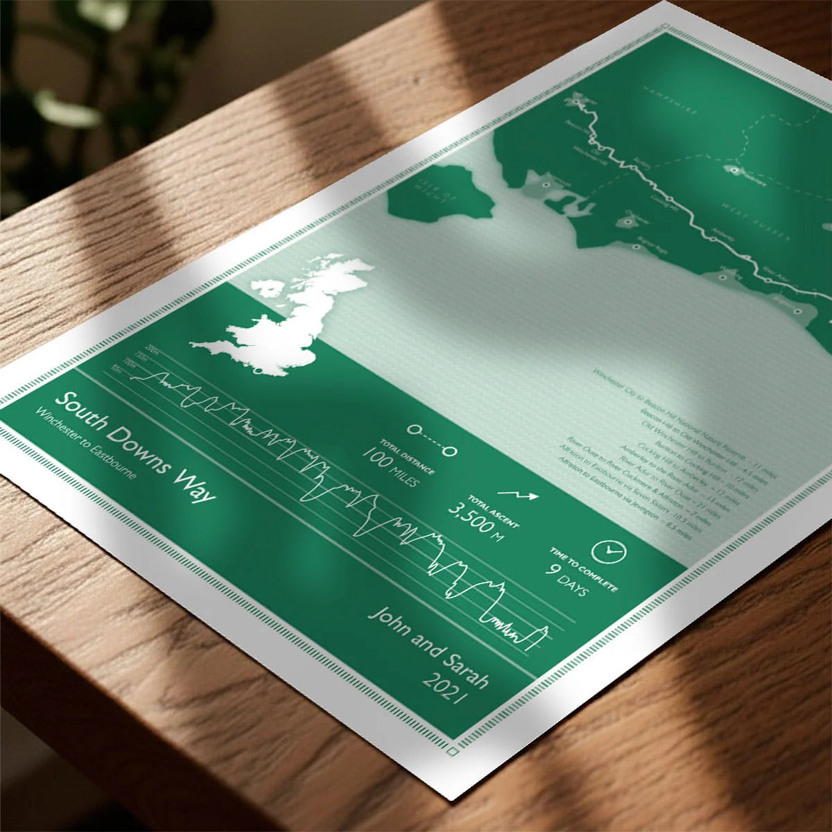 Print laying on table with speckled shade cast across the surface