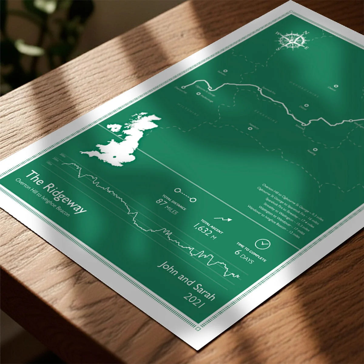 Print laying on table with speckled shade cast across the surface