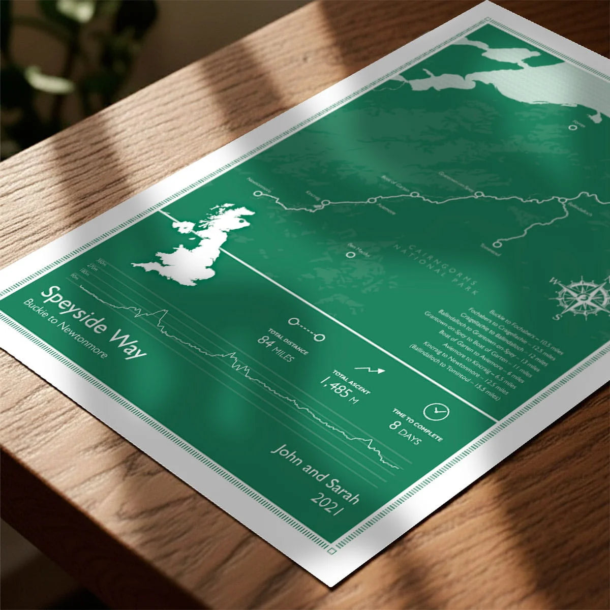 Print laying on table with speckled shade cast across the surface