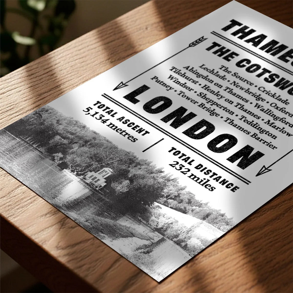 Print laying on table with speckled shade cast across the surface