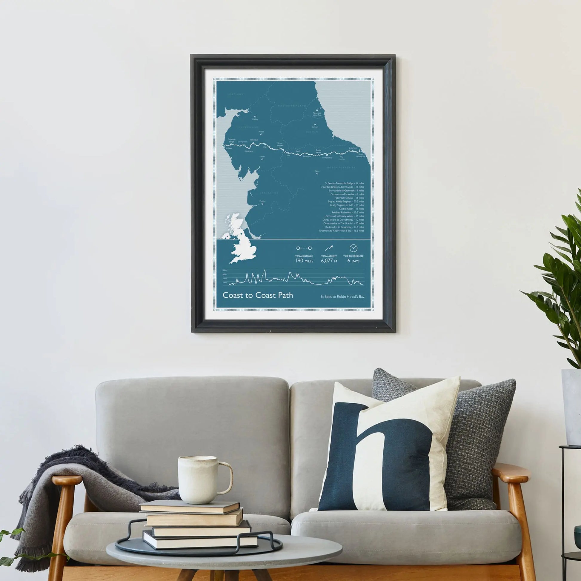 Print on wall above a sofa and cushions