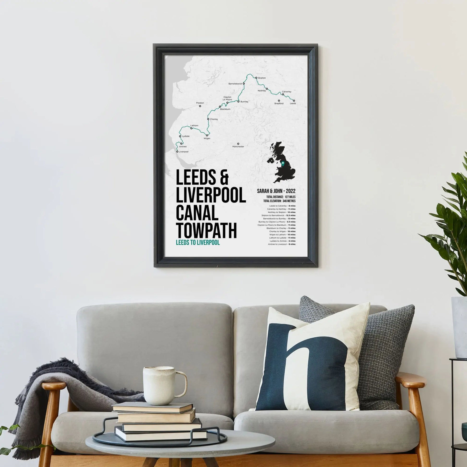 Leeds and Liverpool Canal Towpath Map Art Print on wall above a sofa with coffee table