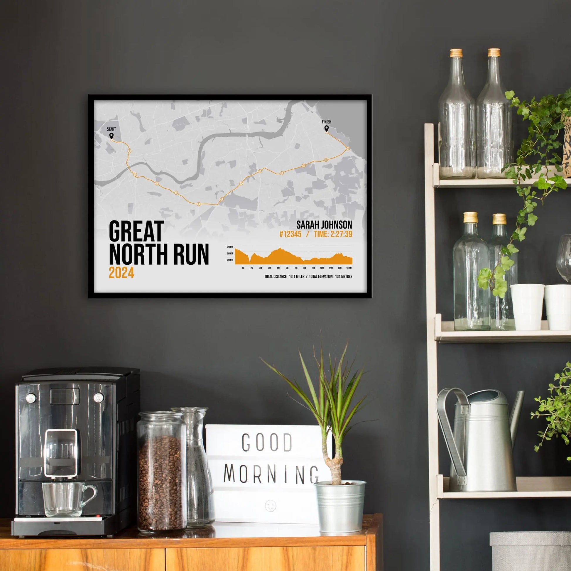 Print on dark grey kitchen wall above counter top