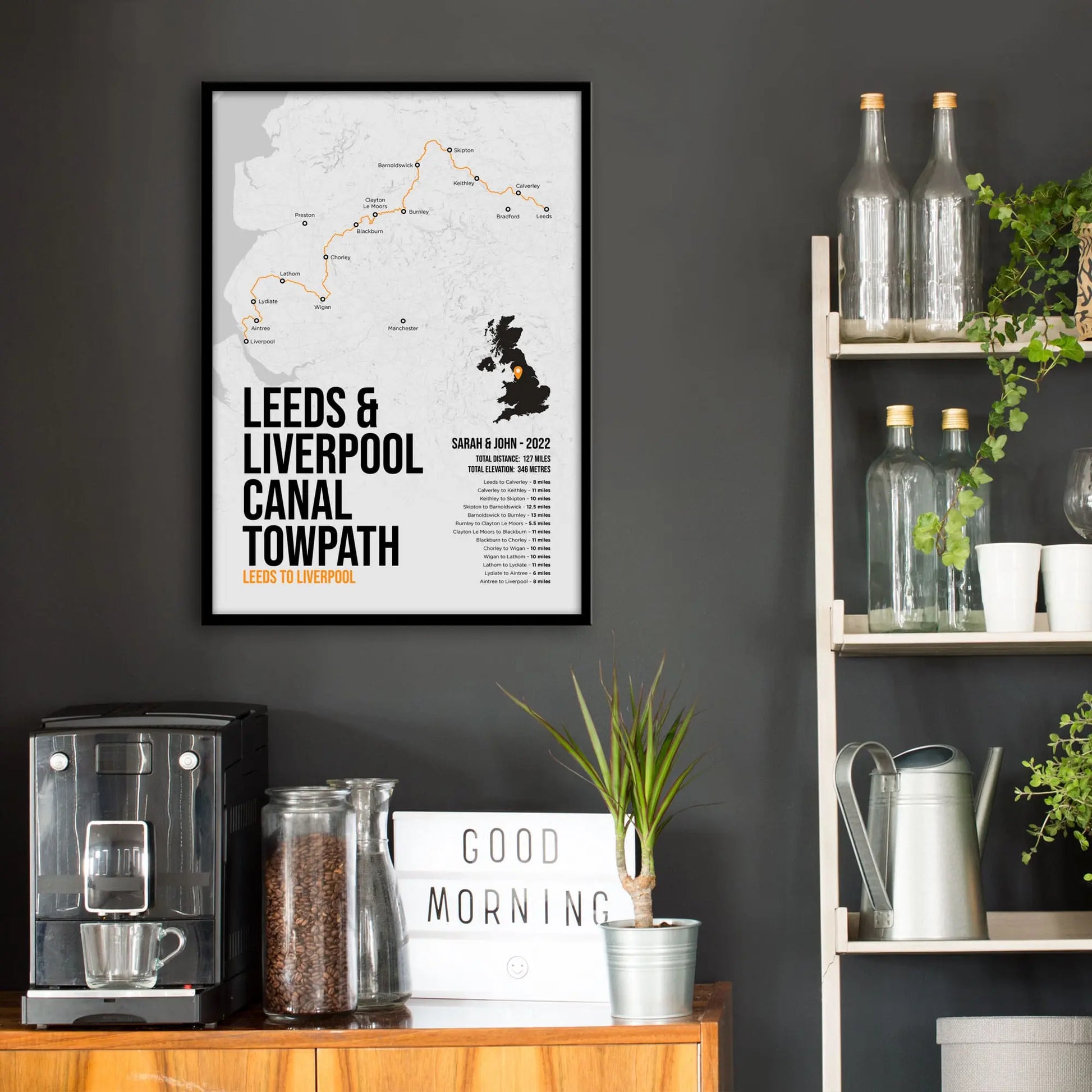 Leeds and Liverpool Canal Towpath Map Art Print on wall above kitchen worktop on grey wall