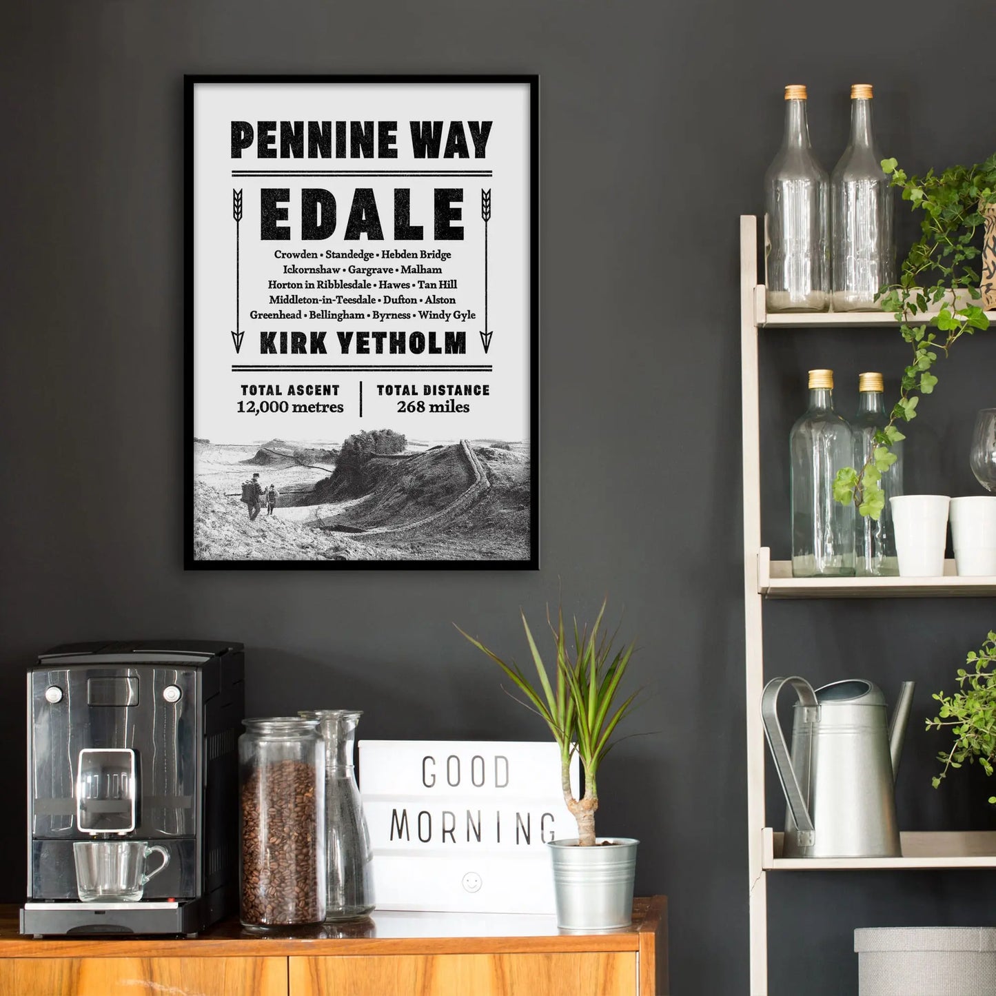 Kitchen wall infront of which is a sideboard with a coffee machine and a set of shelves holding bottles and plants. On the wall above the sideboard is the framed print in a black frame on a dark grey wall.