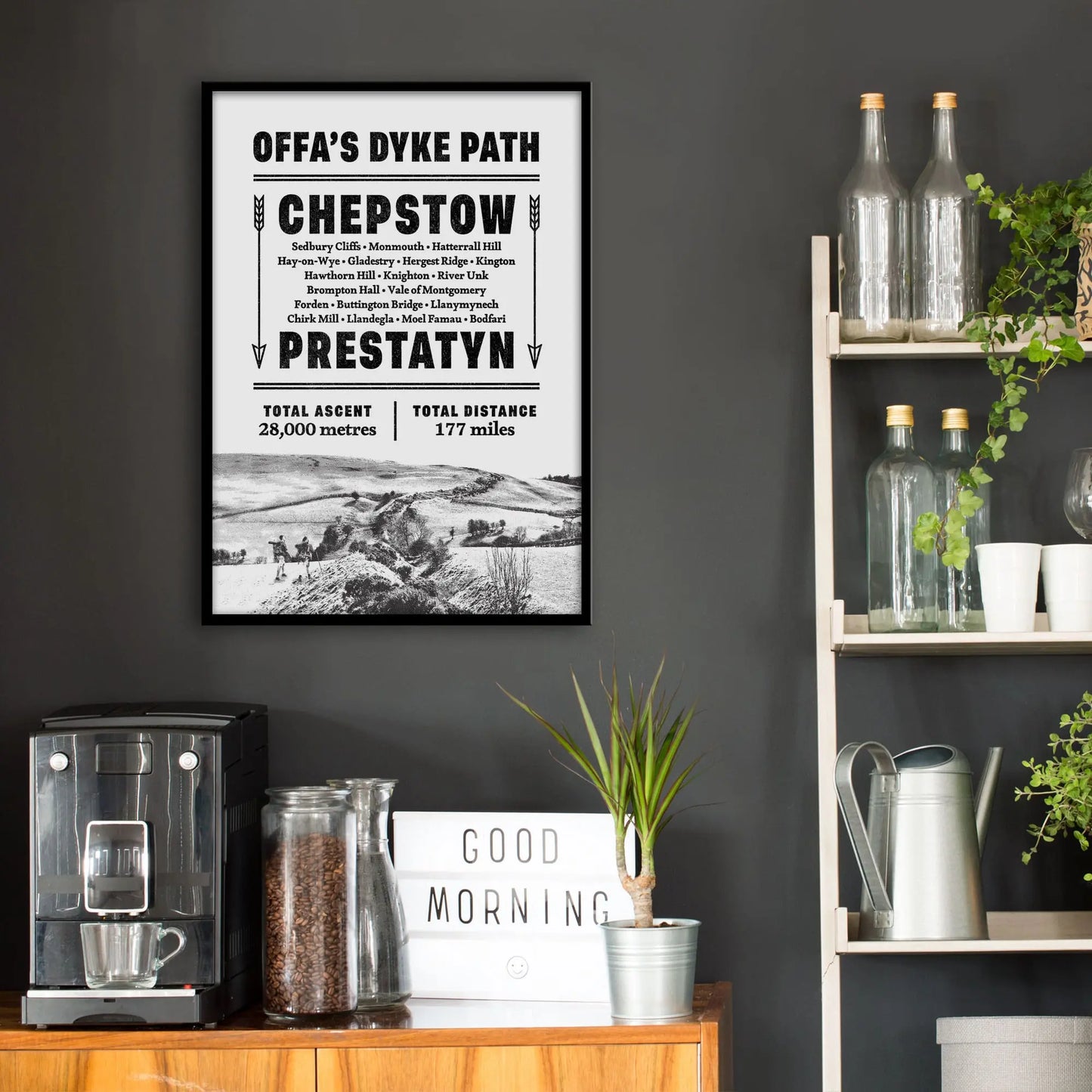 Kitchen wall infront of which is a sideboard with a coffee machine and a set of shelves holding bottles and plants. On the wall above the sideboard is the framed print in a black frame on a dark grey wall.