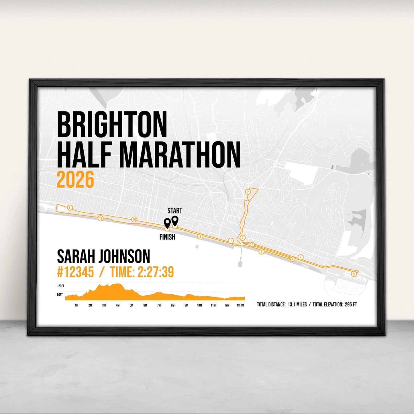 Brighton Half Marathon Personalised Art Print in orange from Purest Green Prints.