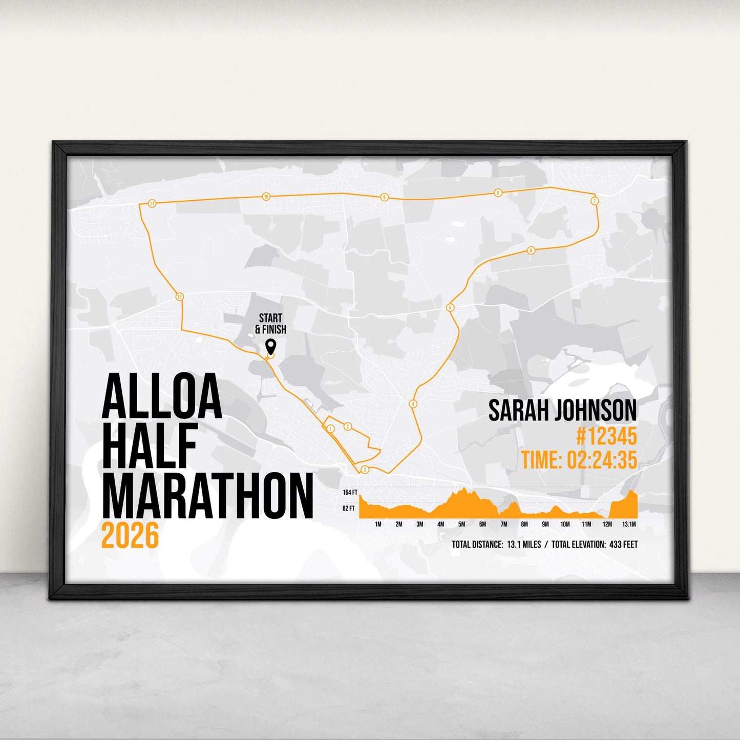 Personalised Alloa Half Marathon Art Print in orange from Purest Green Prints.