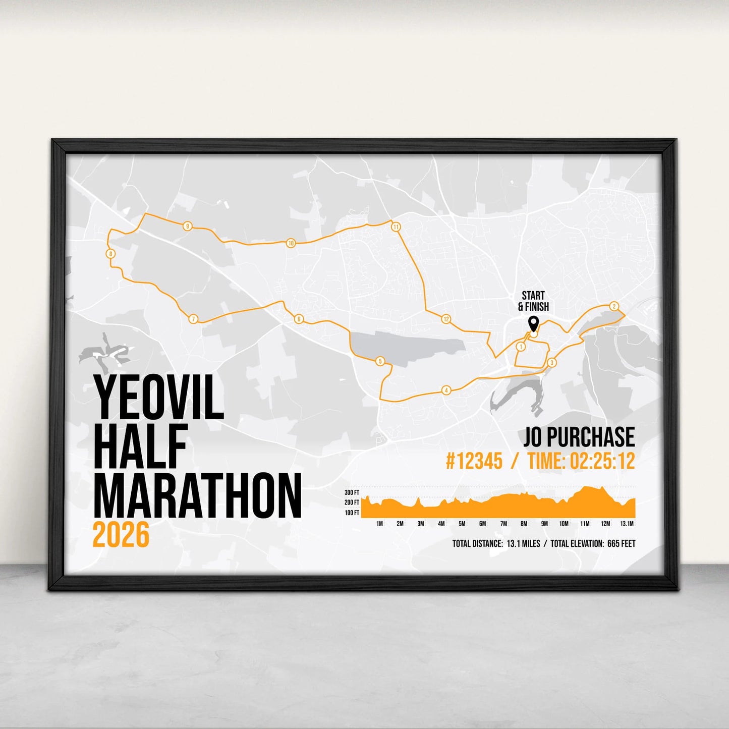 Personalised Yeovil Half Marathon Art Print in orange from Purest Green Prints.