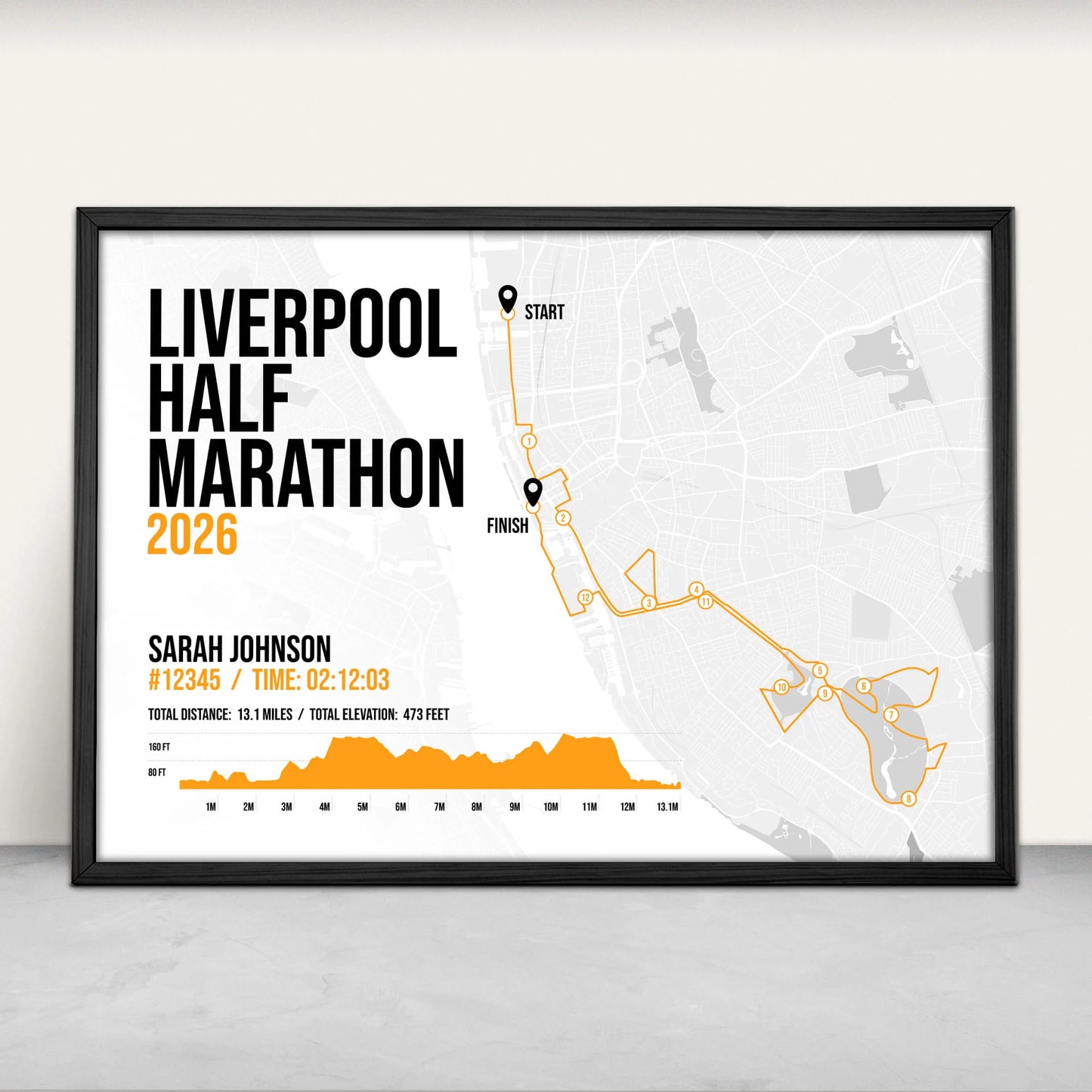 Liverpool Half Marathon Personalised Art Print in orange from Purest Green Prints.