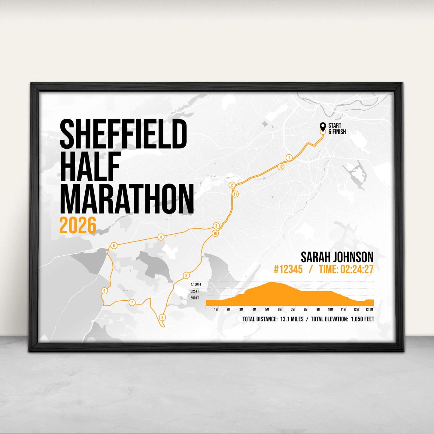 Sheffield Half Marathon Personalised Art Print in orange from Purest Green Prints.
