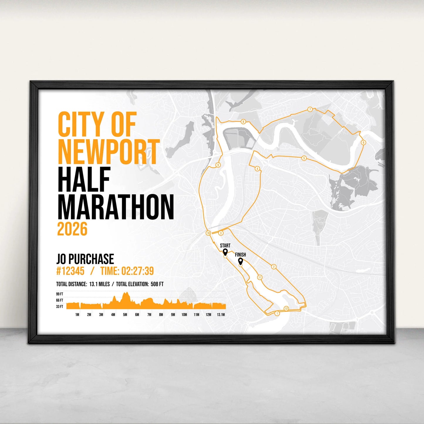 City of Newport Half Marathon Personalised Art Print in orange from Purest Green Prints.