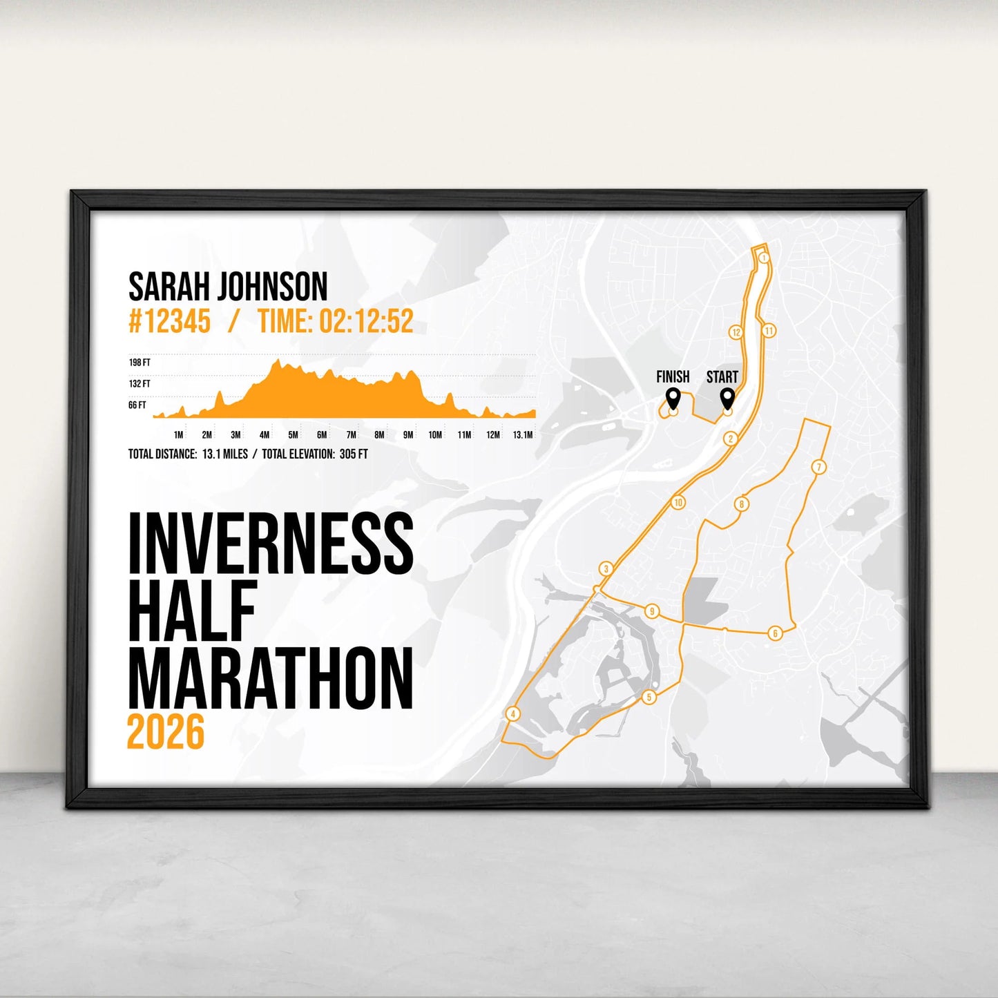 Personalised Inverness Half Marathon Art Print in orange from Purest Green Prints.