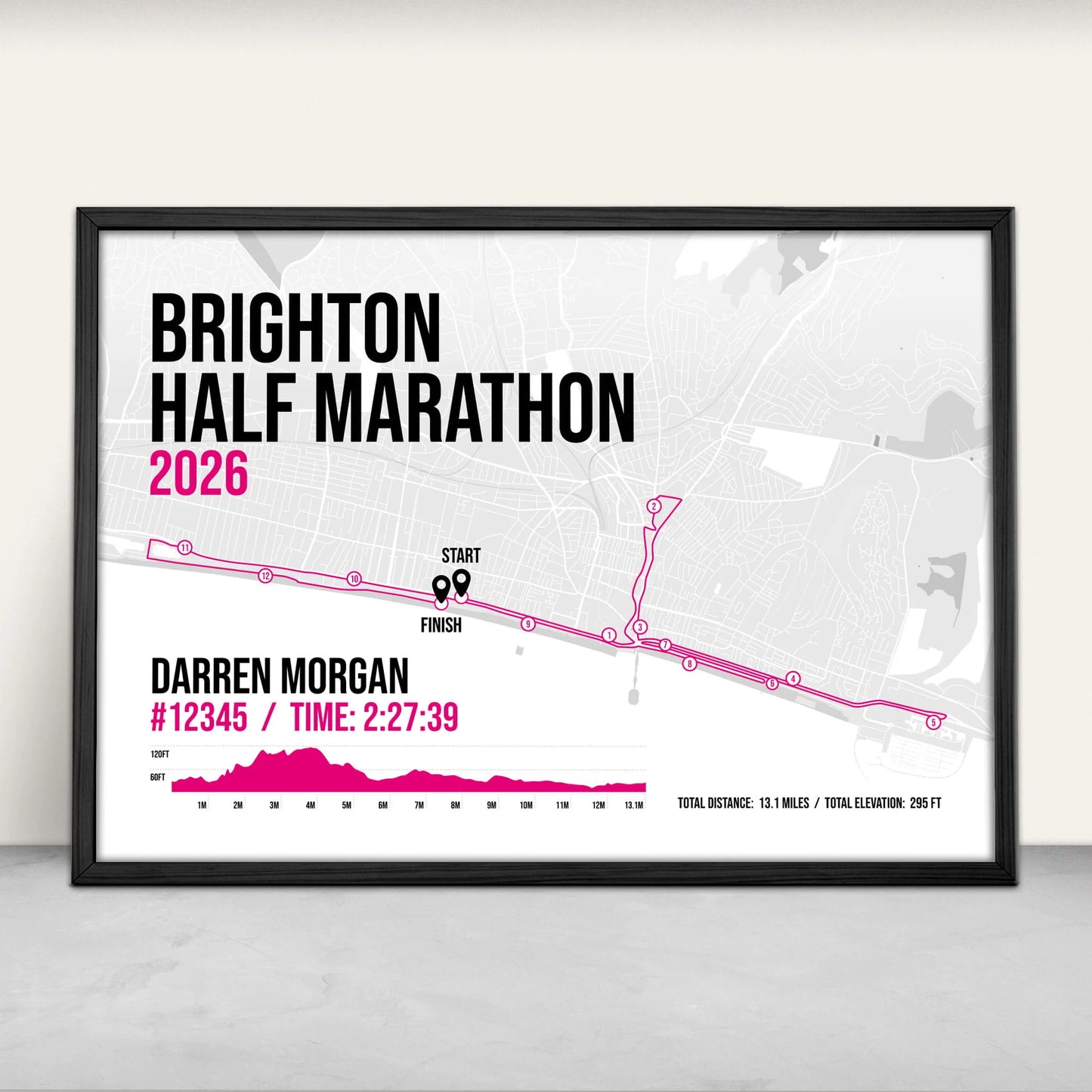 Brighton Half Marathon Personalised Art Print in pink from Purest Green Prints.
