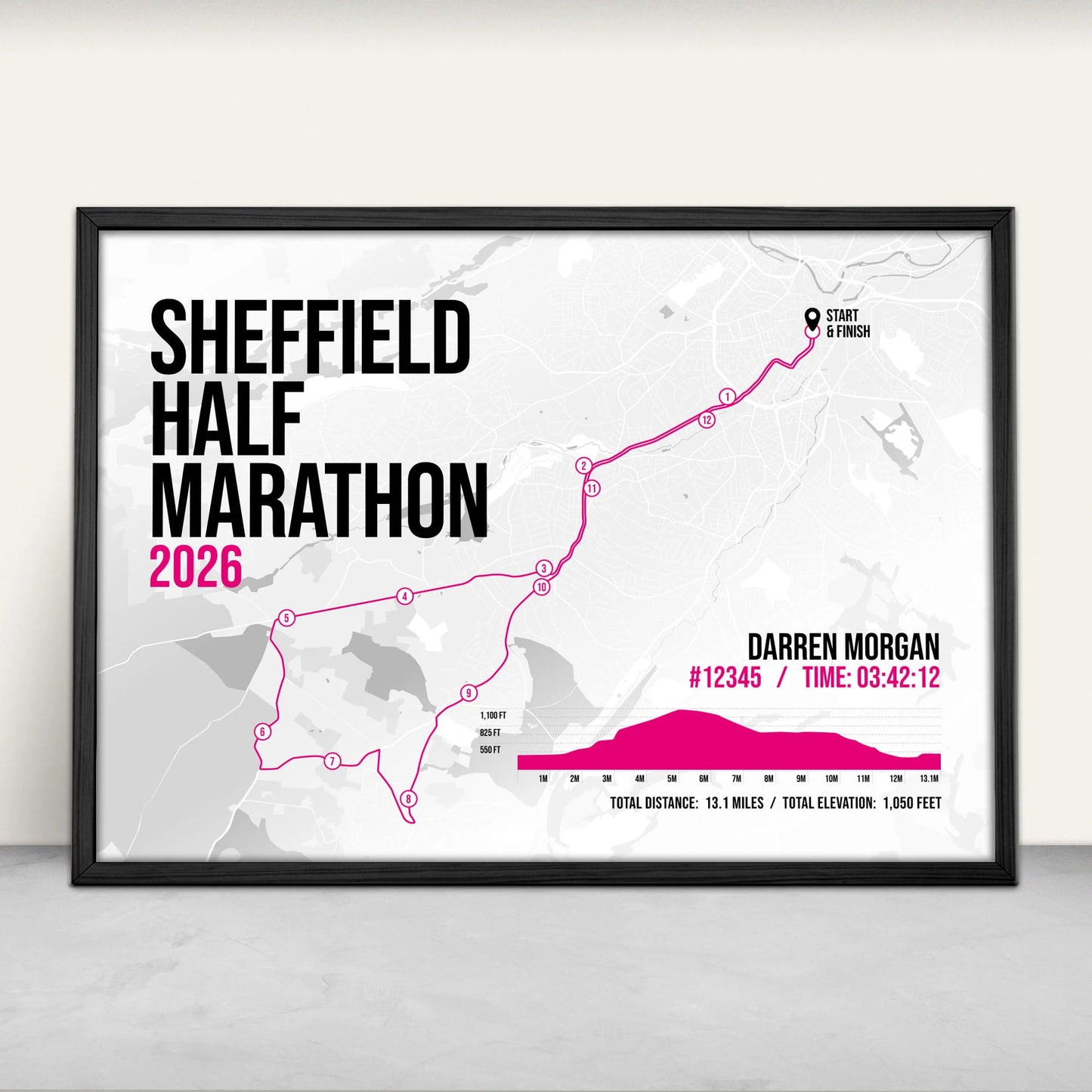 Sheffield Half Marathon Personalised Art Print in pink from Purest Green Prints.