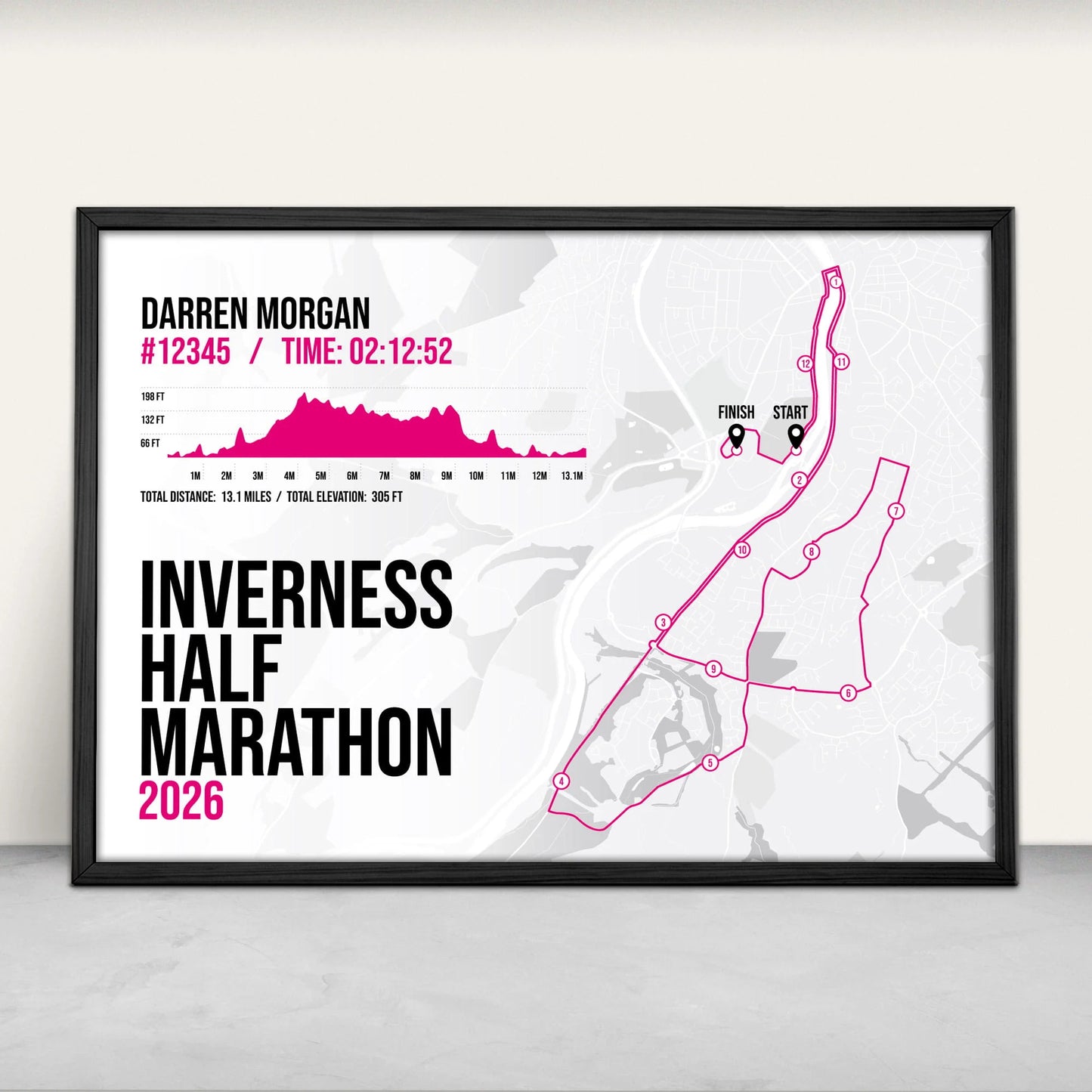 Personalised Inverness Half Marathon Art Print in pink from Purest Green Prints.