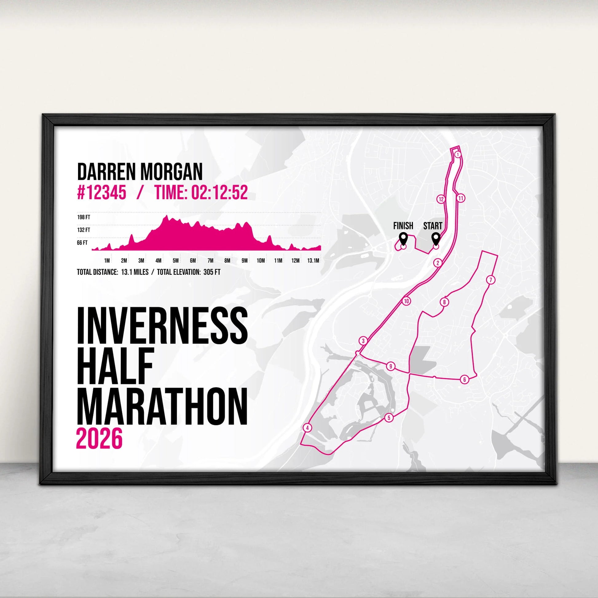 Personalised Inverness Half Marathon Art Print in pink from Purest Green Prints.