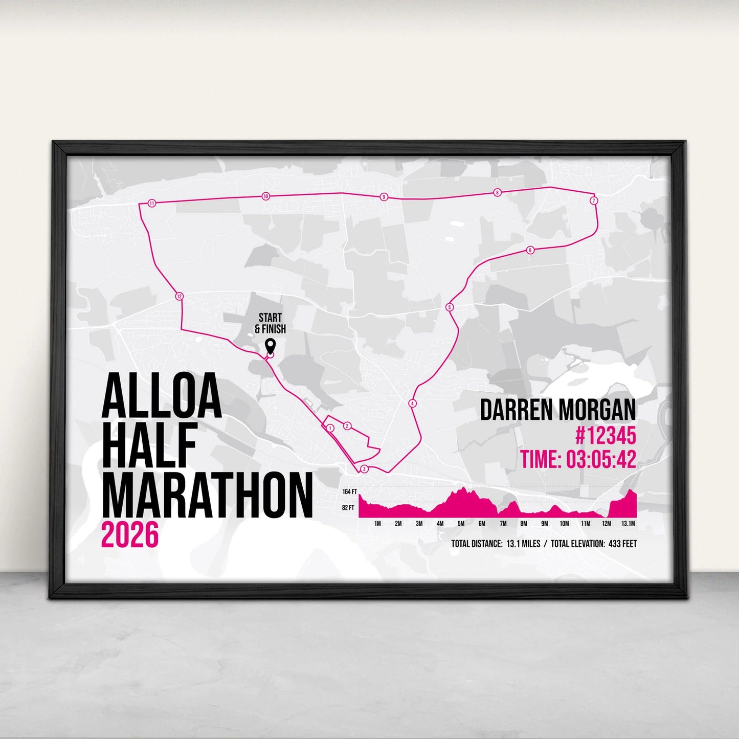 Personalised Alloa Half Marathon Art Print in pink from Purest Green Prints.