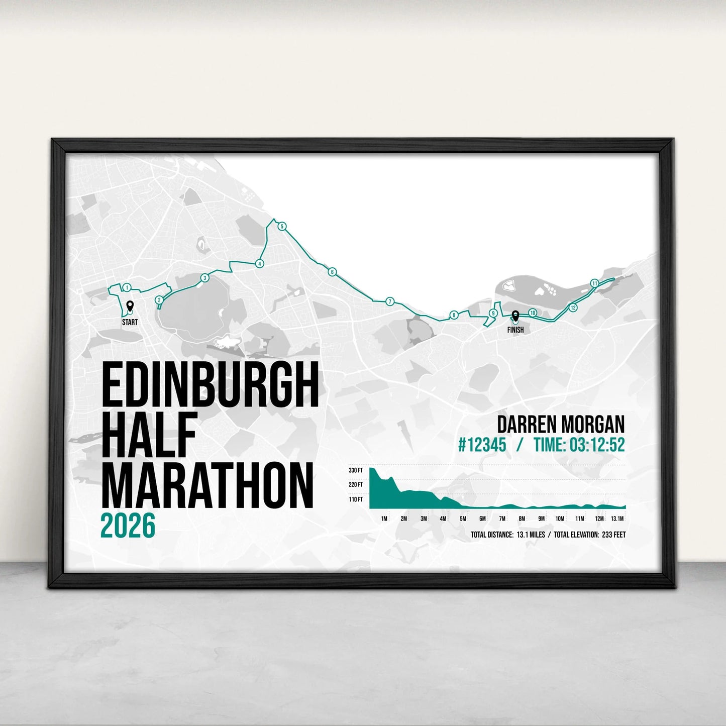 Personalised Edinburgh Half Marathon route map print in green from Purest Green Prints