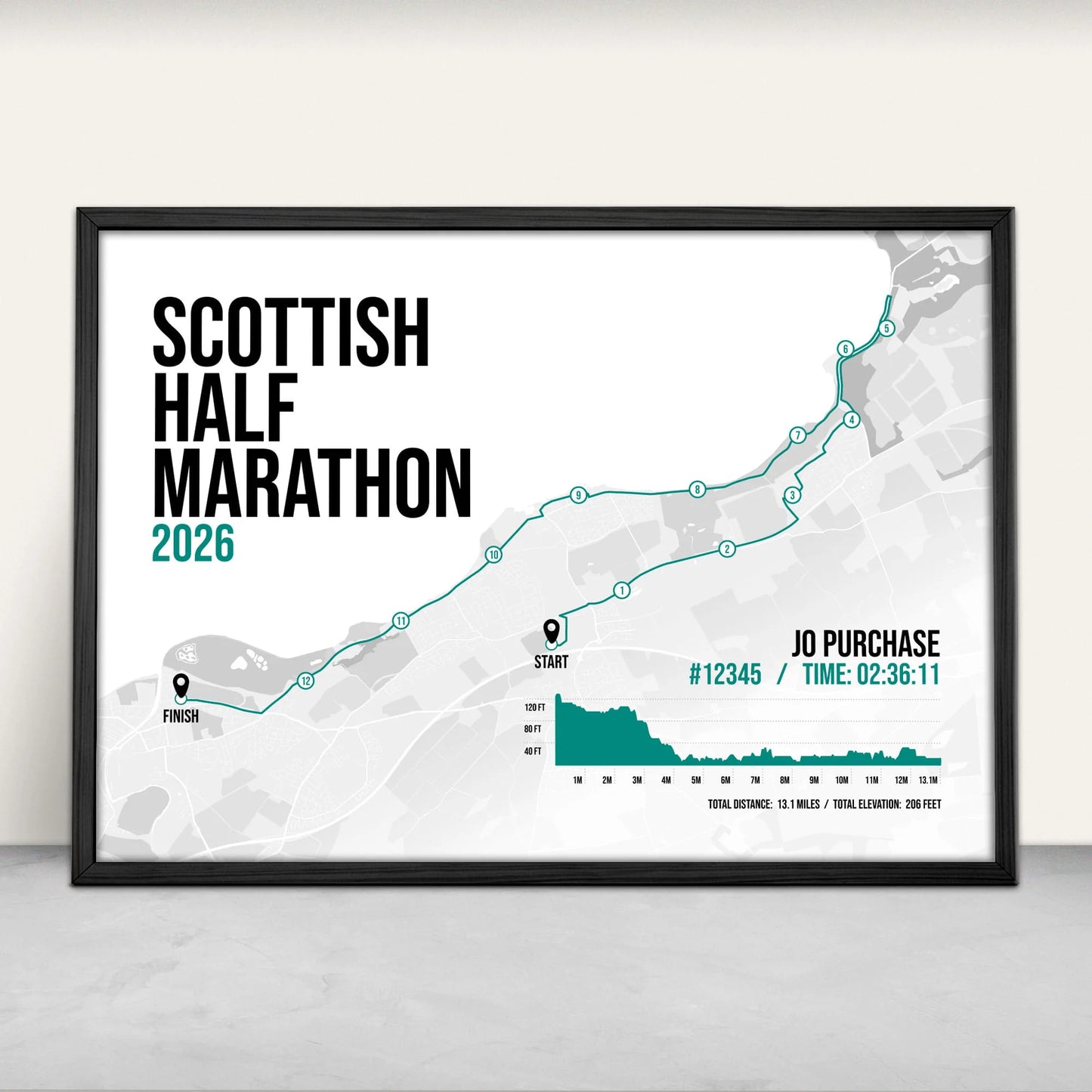 Personalised Scottish Half Marathon route map print in green from Purest Green Prints