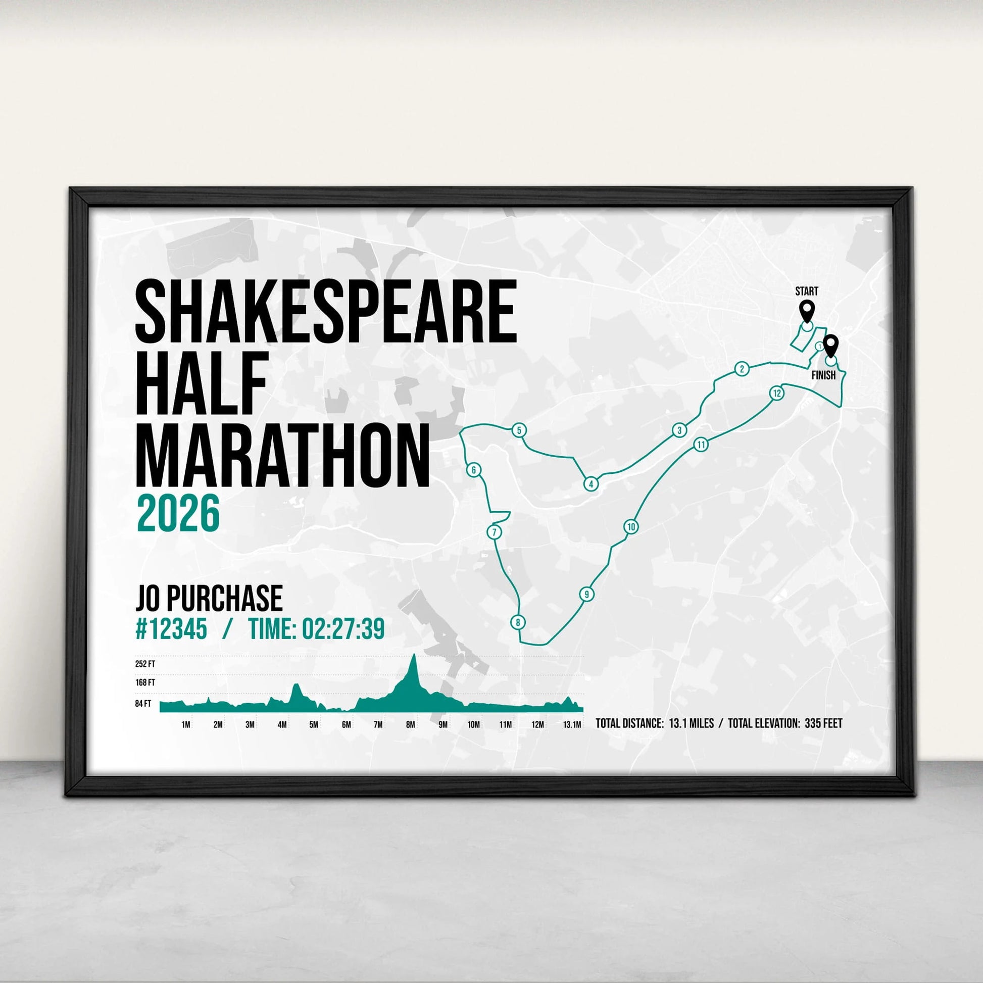 Shakespeare Half Marathon Personalised Art Print in green from Purest Green Prints.