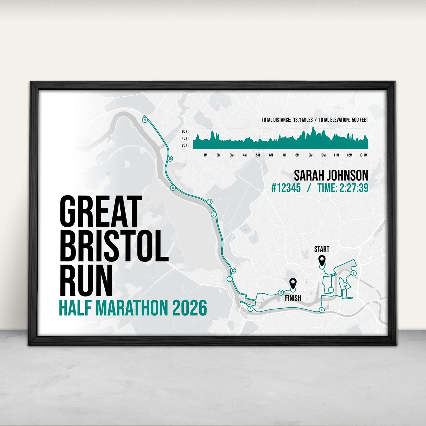 Personalised Great Bristol Run Half Marathon route map and elevation art print in green from Purest Green Prints