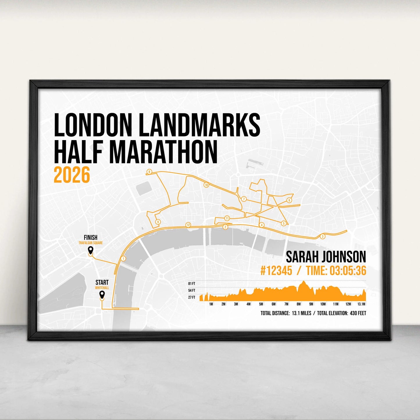 London Landmarks Half Marathon Personalised Art Print in orange from Purest Green Prints.