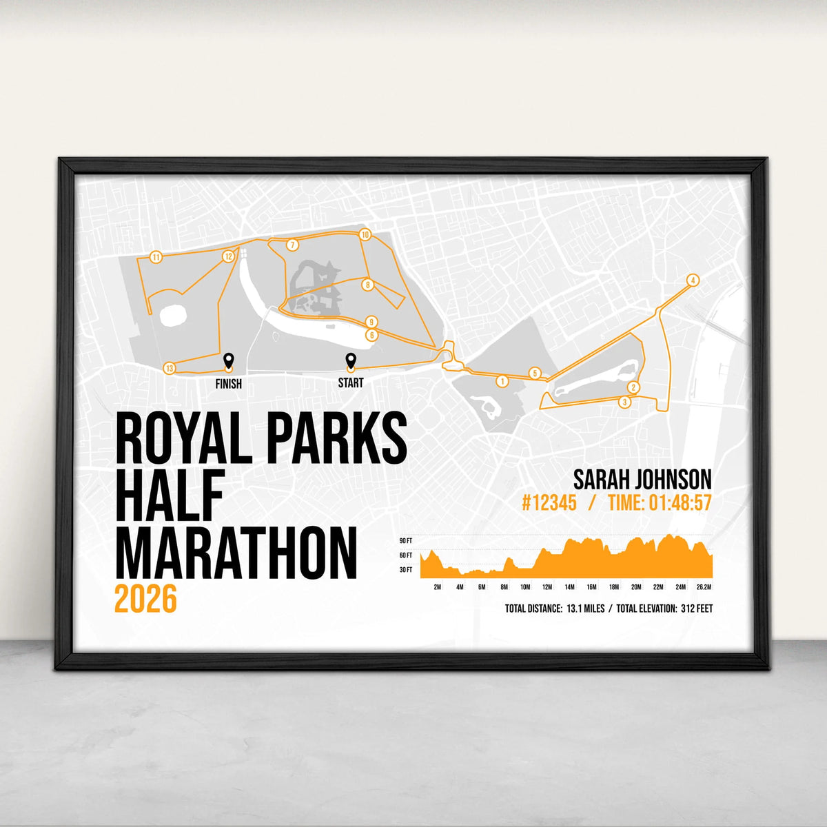 Royal Parks Half Marathon Personalised Art Print in orange from Purest Green Prints.