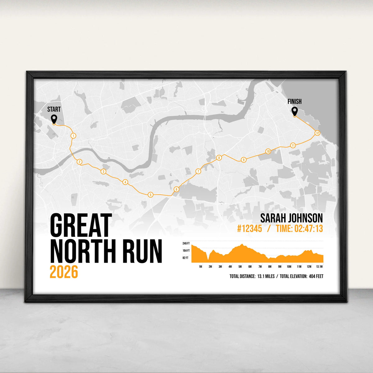 Personalised Great North Run Half Marathon Art Print in orange from Purest Green Prints