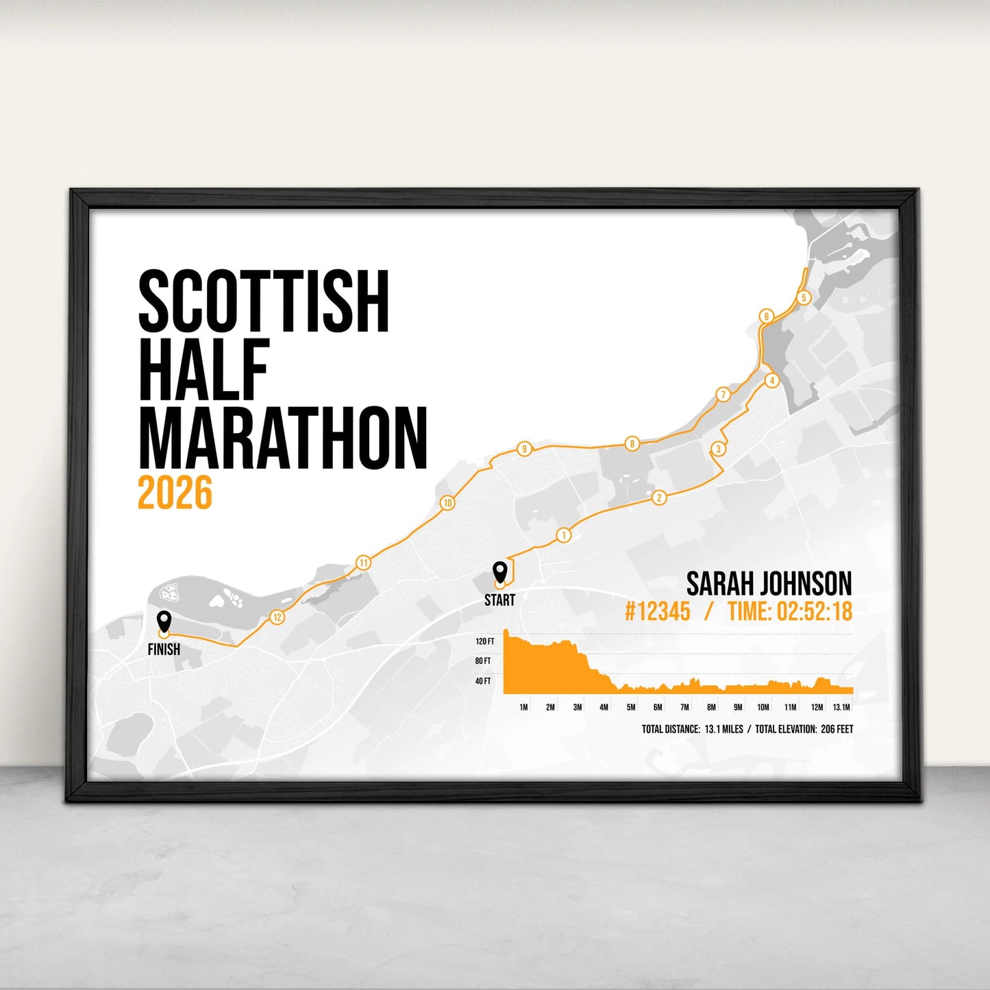 Personalised Scottish Half Marathon route map print in orange from Purest Green Prints