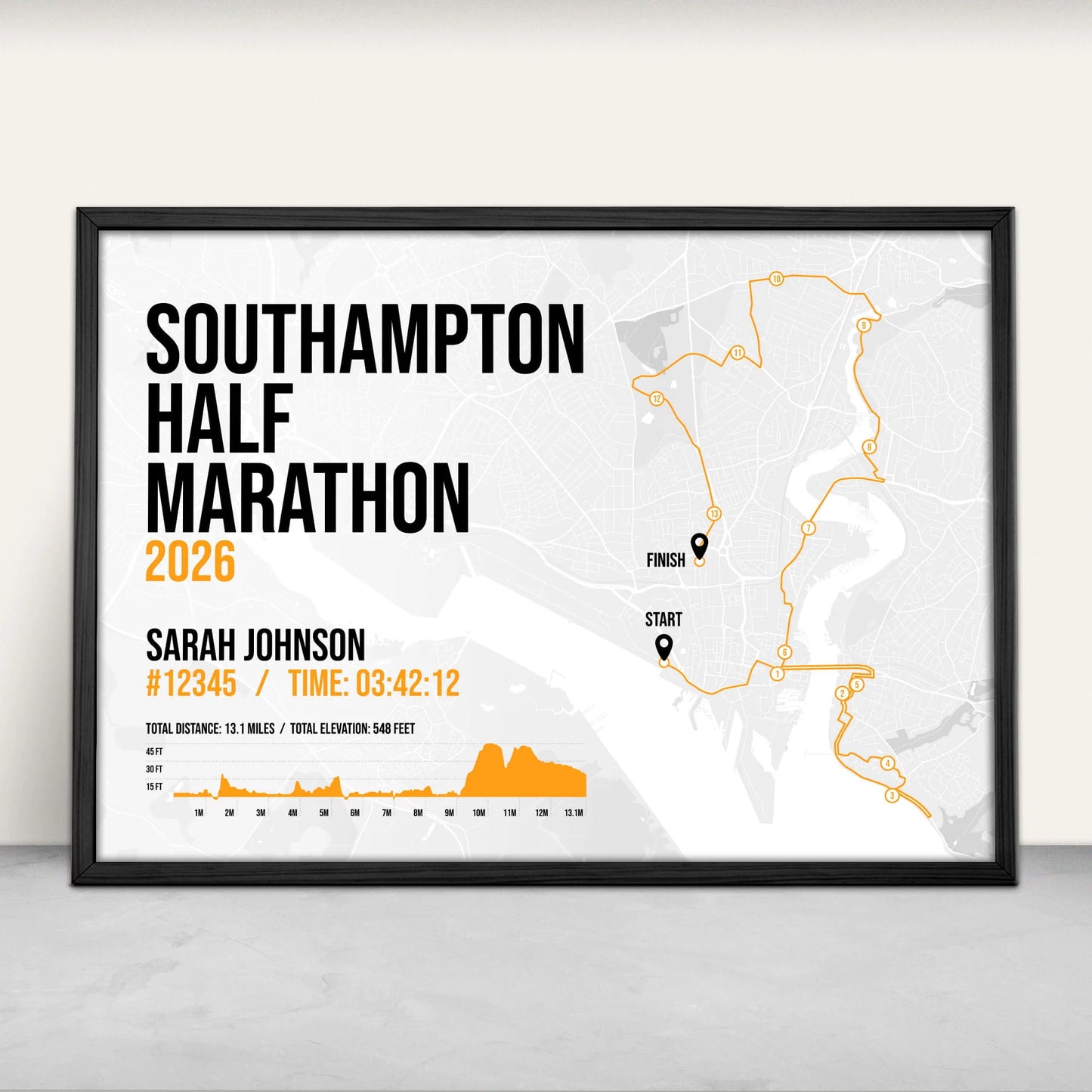 Southampton Half Marathon Personalised Art Print in orange from Purest Green Prints.