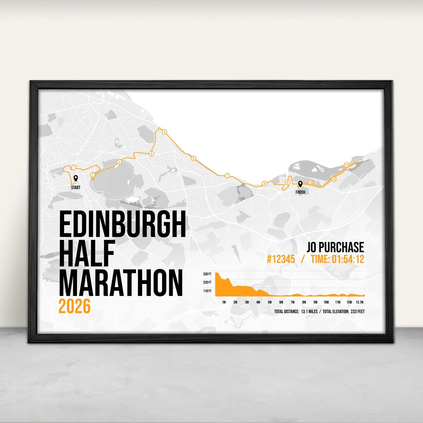 Personalised Edinburgh Half Marathon route map print in orange from Purest Green Prints
