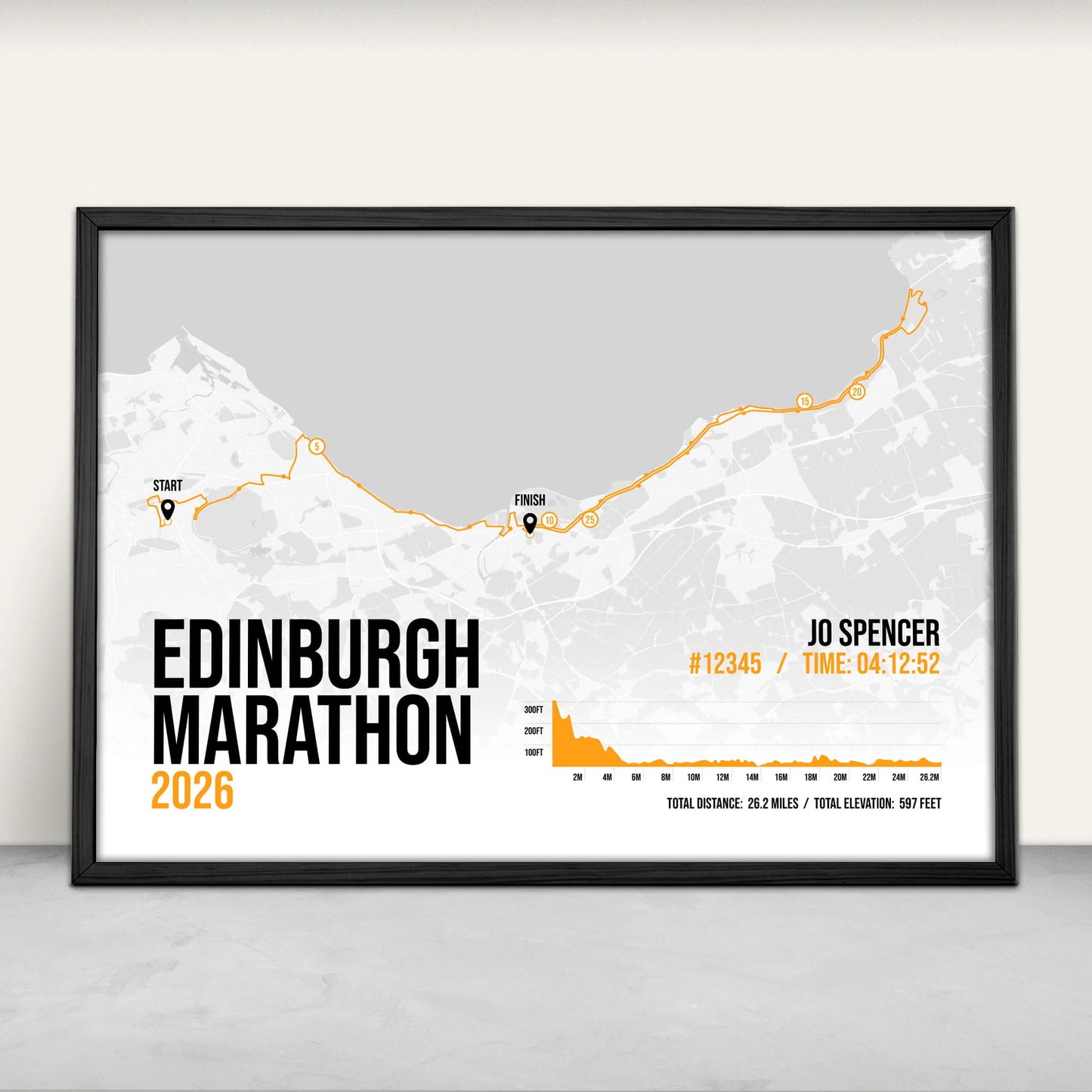 Personalised Edinburgh Marathon route map print in orange from Purest Green Prints