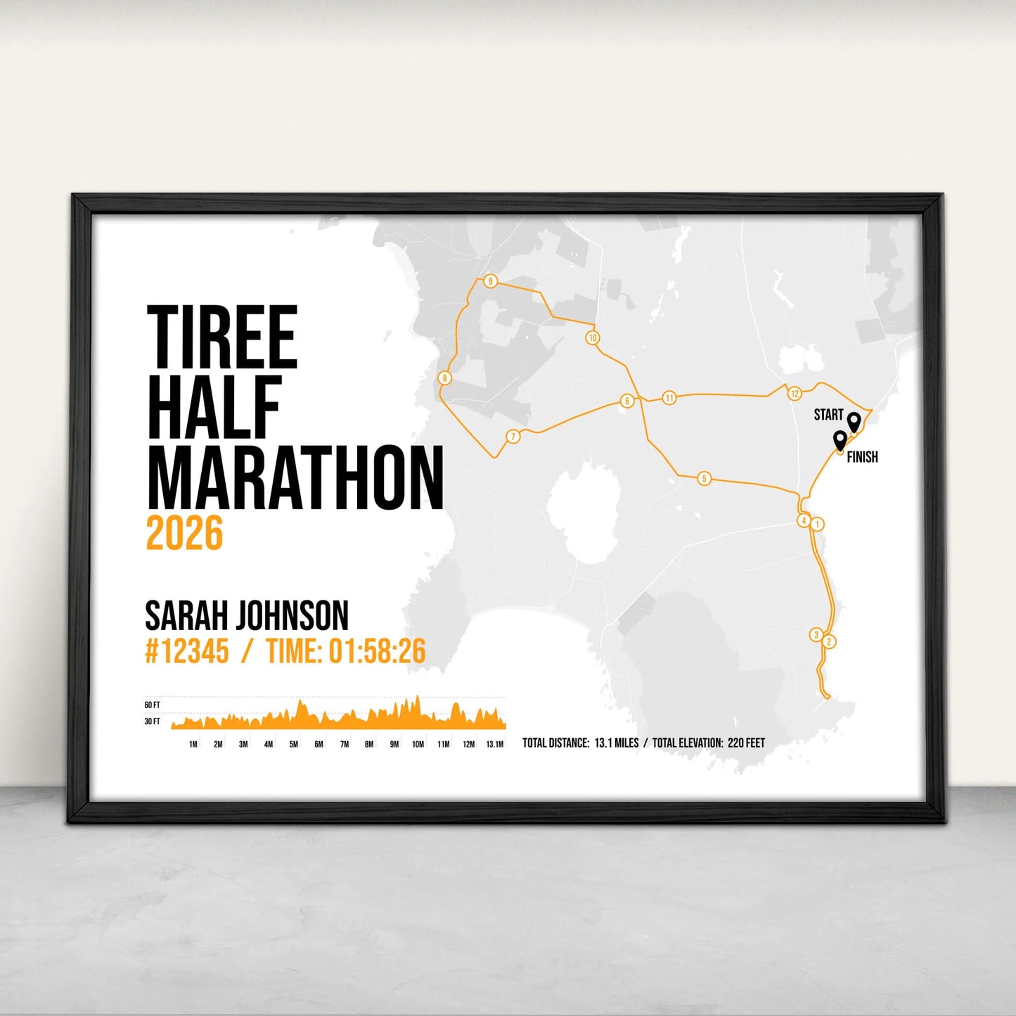 Tiree Half Marathon Personalised Art Print in orange from Purest Green Prints.